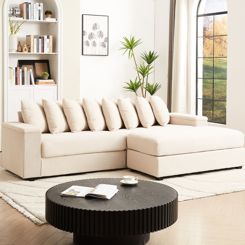 Canapé modulaire confortable en L en velours côtelé avec accoudoirs, siège moelleux à 3 places avec méridienne, 8 coussins et rangement pour la chambre à coucher