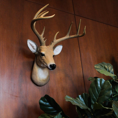 Rustic Lodge 12-Point Buck Deer Head Wall Sculpture in Brown Cast Resin with Hand-Painted Finish — 23.5" H X 18" W X 15.5" D