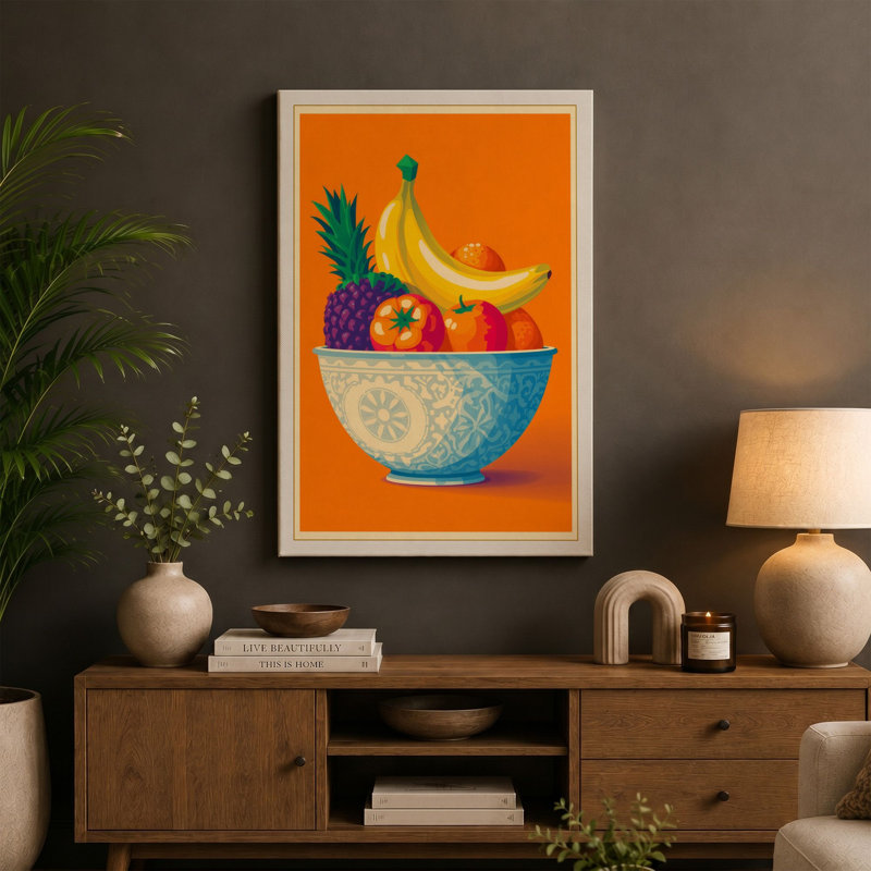 Fruit Bowl on Orange Modern - Wrapped Canvas, 30x20 - 76.2 x 50.8 cm, Teal Border