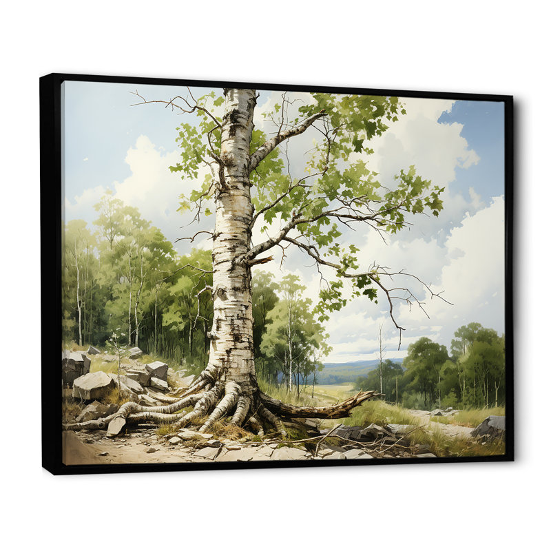 Birch Tree Forest Essence 2 - Art mural arbre, Cadre flottant noir, H 30 po x l 40 po x P 1,5 po