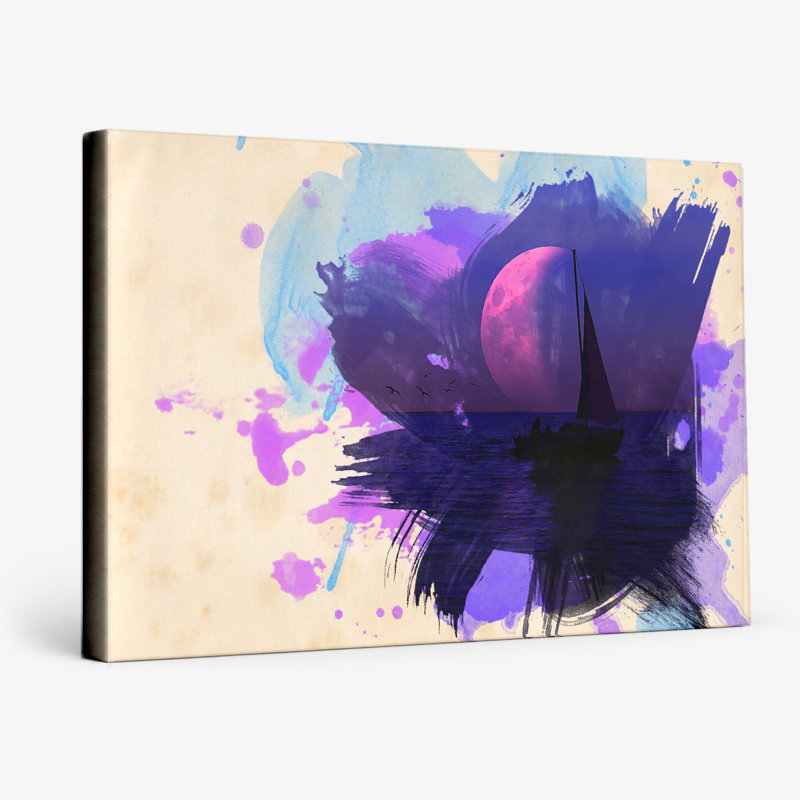 Voilier sous la lune mauve - paysage, art mural sur toile, 14" W x 11" H