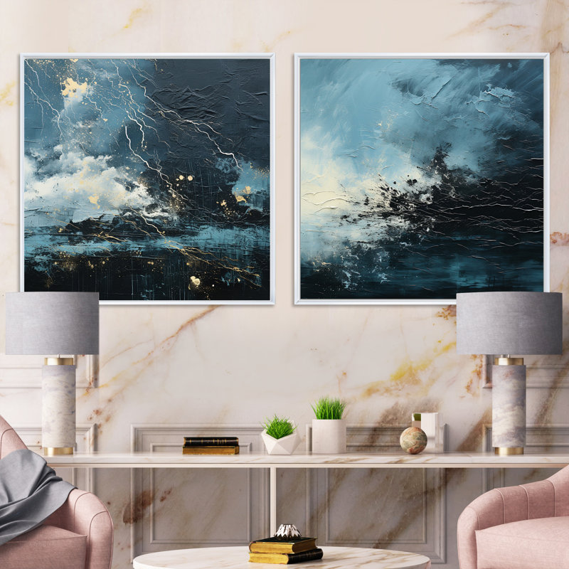 "Minimalisme noir et bleu ouragan" 2 pièces, H 16 po x l 33 po, Cadre flottant blanc