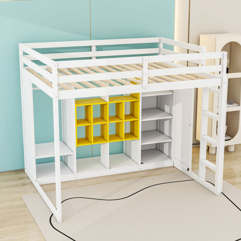 Lit mezzanine avec garde-robe, tablettes et armoire, Complète, Blanc / jaune