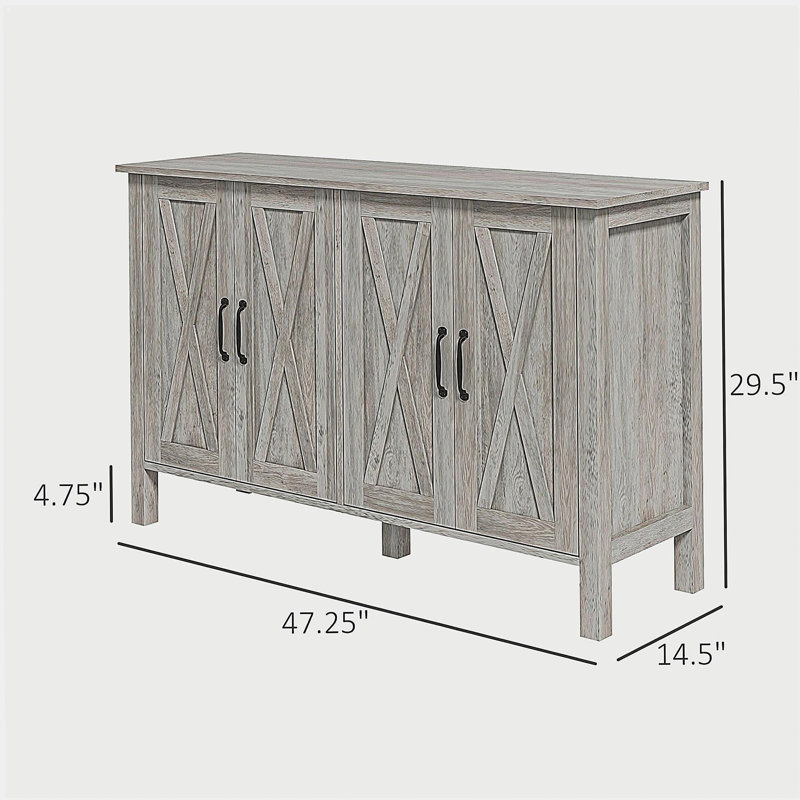 Dining sideboard, 47-inch sideboard with 4 barn doors and 2 adjustable shelves, farmhouse coffee bar cabinet, gray wood grain