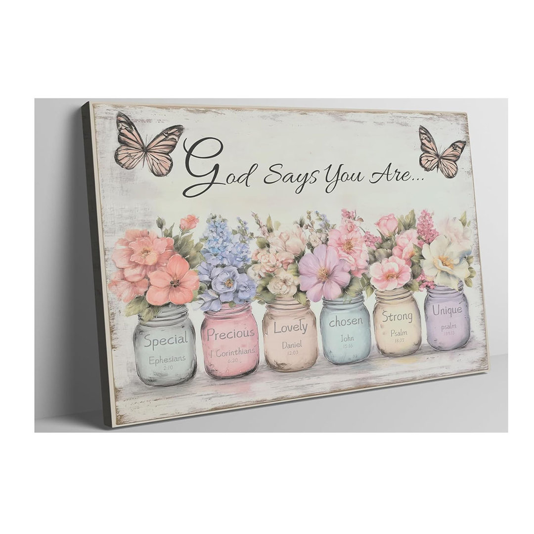Scripture Wall Art: God Says You Are Wall Art, Spiritual Religious Wall Decor, Christian Inspirational Bible Verse Gifts for Women, Mason Jar Butterfl