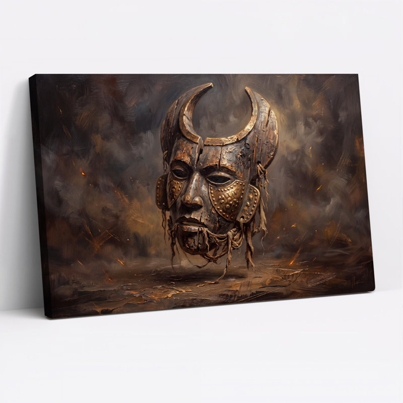 Toile d'Halloween en bronze avec masque à cornes et chiffons, H 20 po x l 30 po