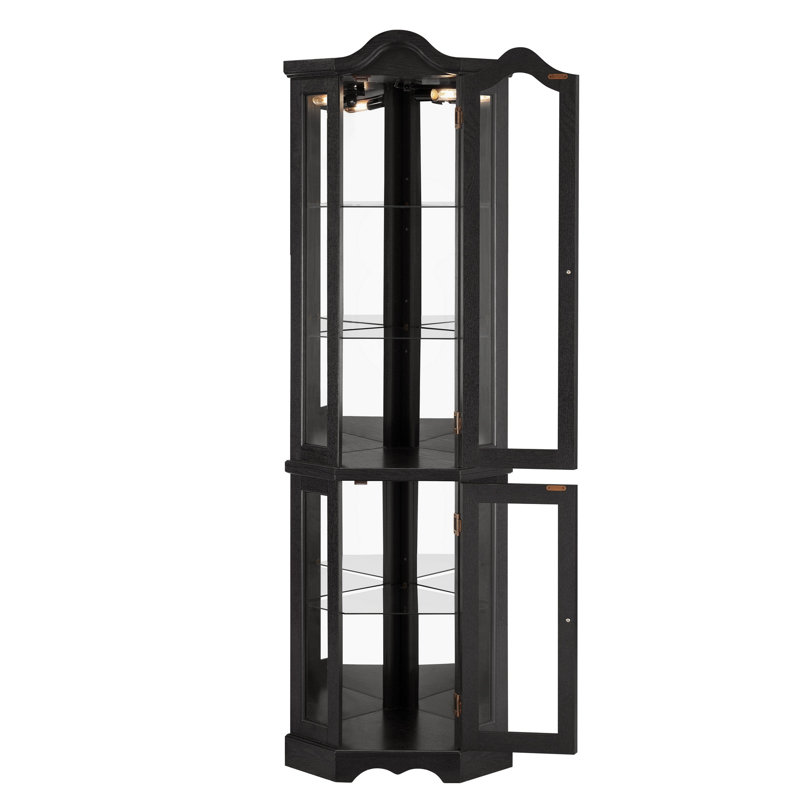 Vitrine de coin lumineuse avec portes et tablettes en verre trempé - rangement élégant en chêne pour le salon et la chambre à coucher - Noir