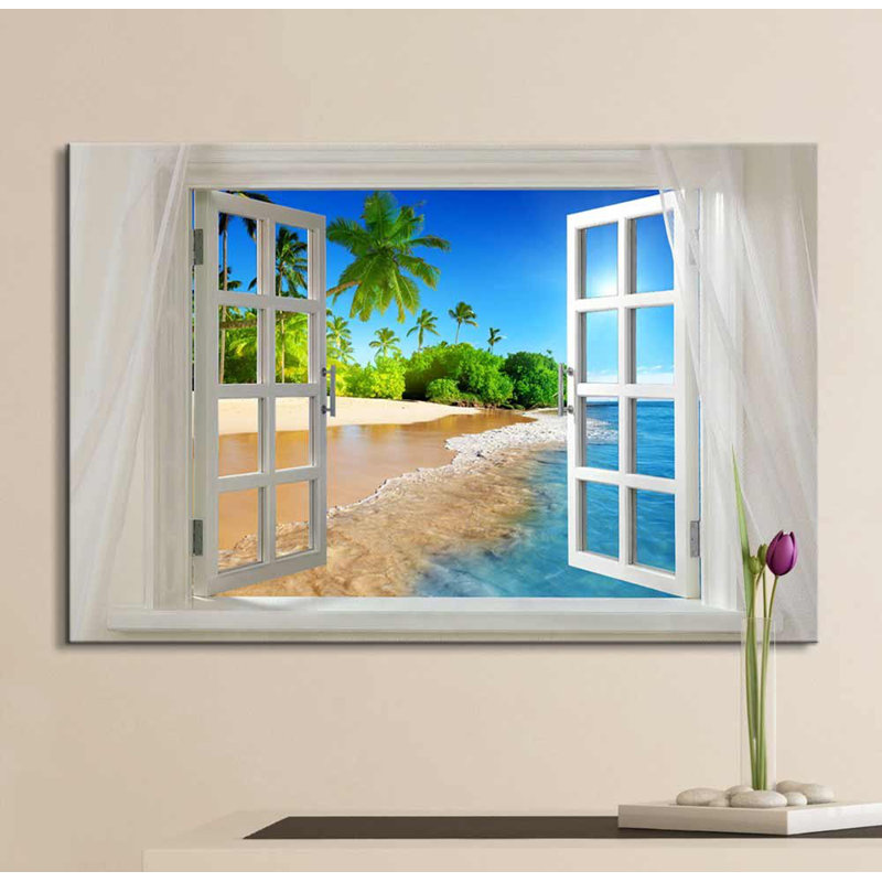 «Serene Coastal Nautical Palm Tree And Beach Open Window» sur toile, H 24 po x l 36 po