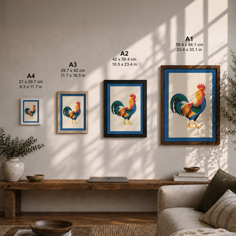 Standing Rooster Mid-Century - Print, Unframed, A4 - 29.7 x 21.0 cm