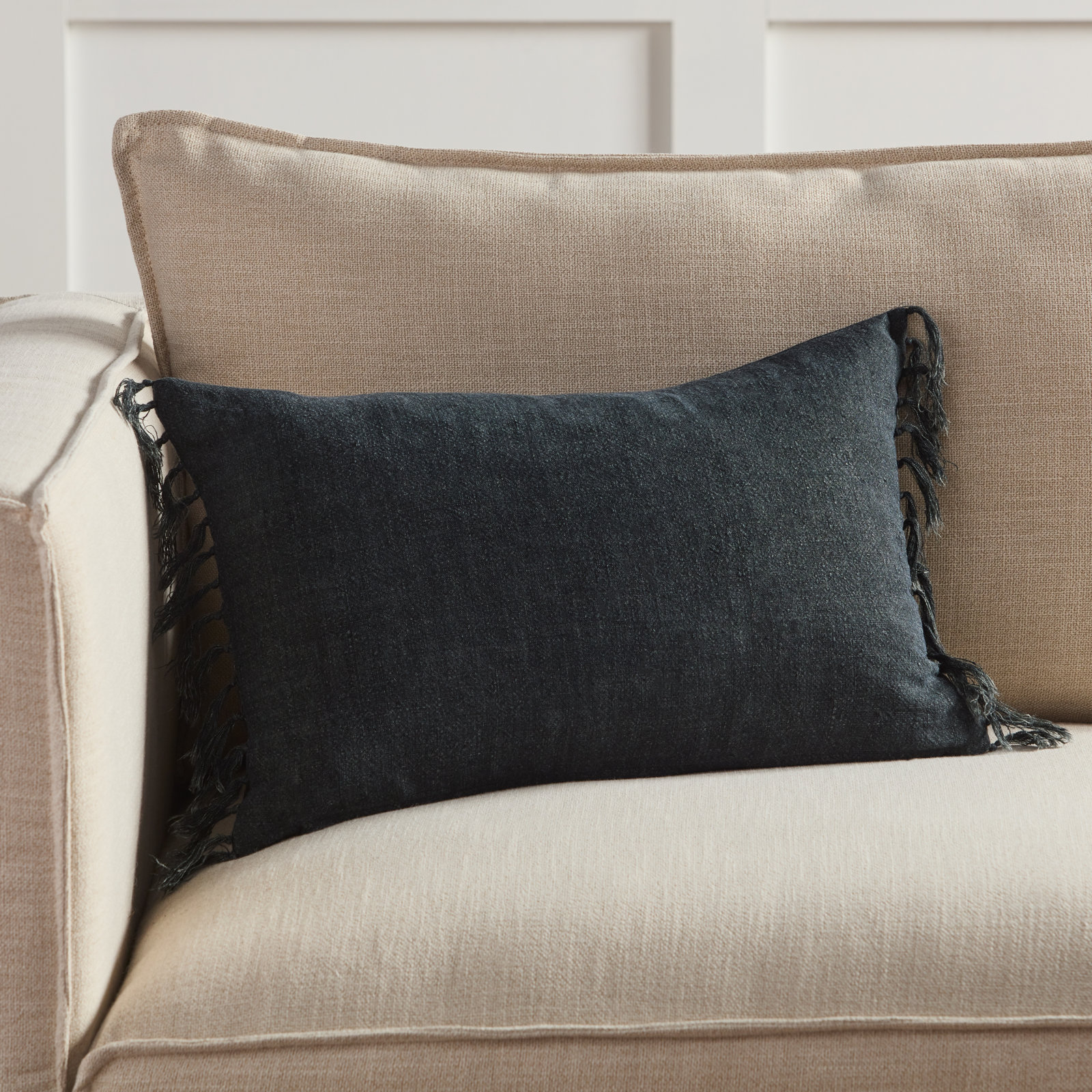 Sharron Tassels Linen Lumbar Throw Pillow, Navy, Polyester/Polyfill