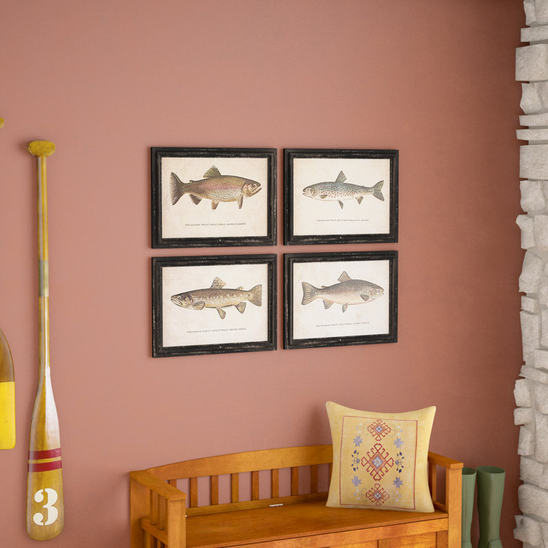  Trout Prints Under Glass H 15 "- Décoration murale bord de mer brune encadrée, ensemble de quatre
