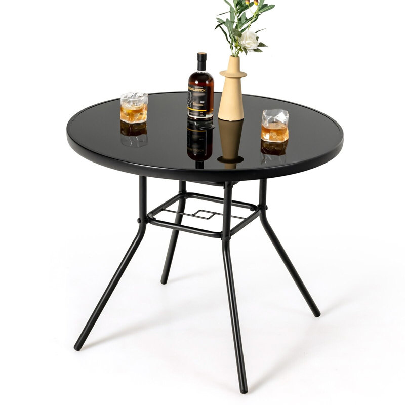 Outdoor Dining Table Patio Round Tempered Glass Table With 35Mm Umbrella Hole
