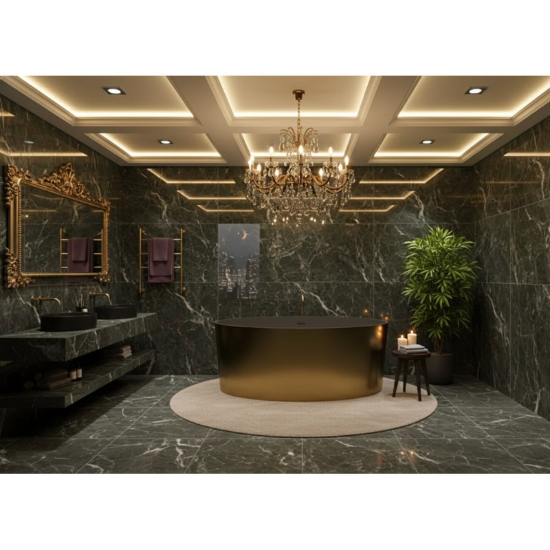 Vast Studio 58.9” Aged Brass/Black Freestanding Round Bathtub –Deep Soaking Tub with Minimalist Spa-Inspired Modern Design & Seamless Matte Luxury Finish