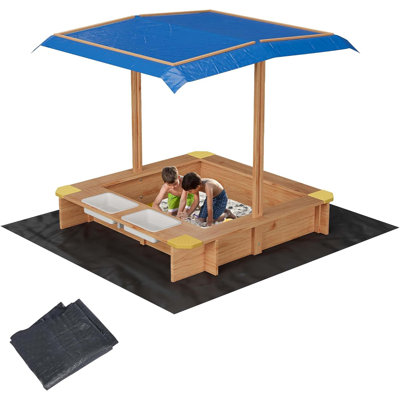Wooden Sandbox With Uv-resistant Canopy, Side Buckets, And Drainage Liner – Durable, Weather-resistant Fir Wood For Kids' Outdoor Play