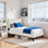 Lit plateforme double en bois massif avec tête de lit rembourrée, sans sommier, montage facile, beige
