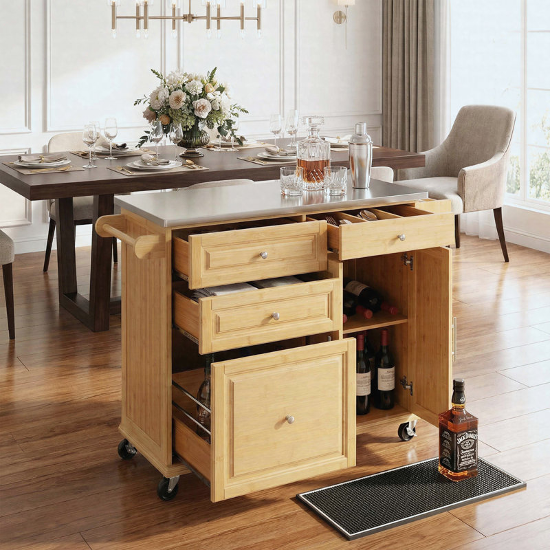 Îlot de cuisine intérieur en bambou avec plateau en acier inoxydable - Chariot mobile avec tiroirs, armoire et porte-serviettes pour la salle à manger et le bar
