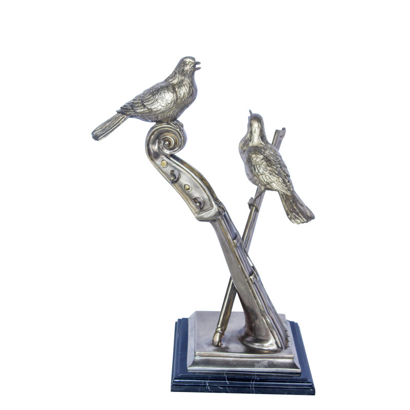 Statue en bronze au fini argent 12 x 8 x 19 po Nifao Collection Creative Art, violon et deux oiseaux