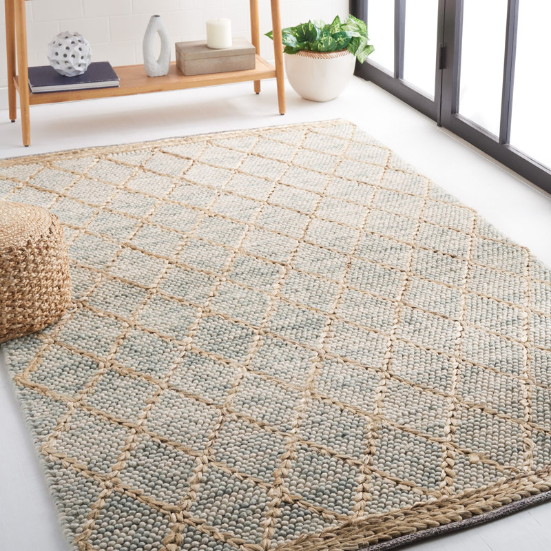 Fayelynn Hand Woven Wool/Cotton Geometric Rug in Teal/Natural, Rectangle 5' x 8'