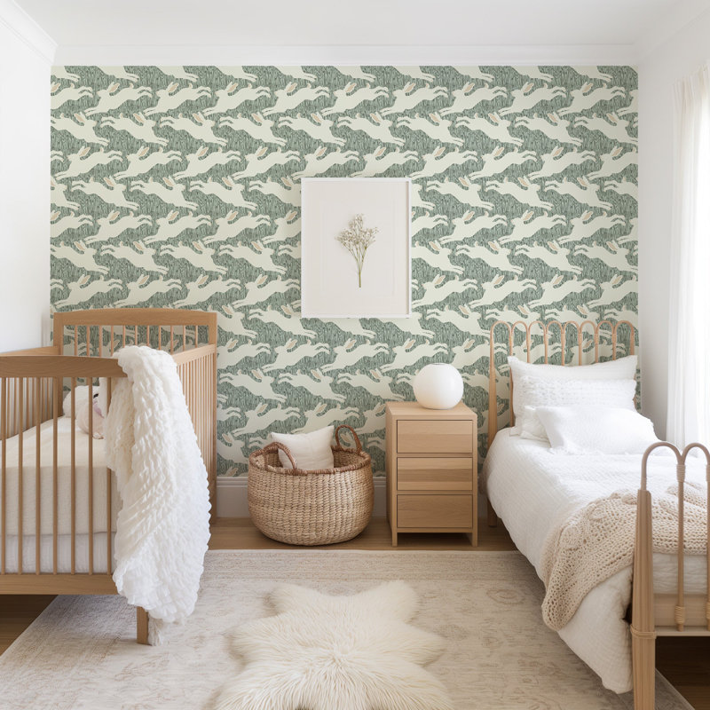 Hopping Hares - Silver Thicket Wallpaper, Green, Non-Pasted