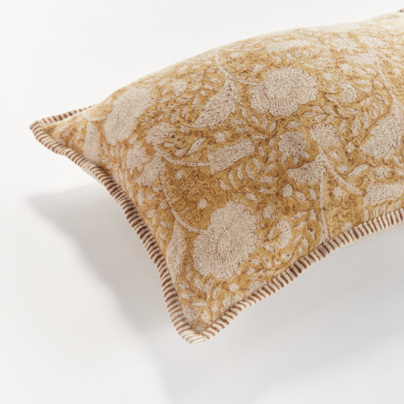 Jules European Flax Fiber Pillow Cover & Insert, Rectangle 14" H x 20" W, Piped Edge, Yellow/Floral