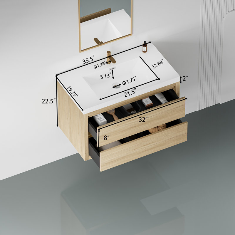 Meuble-lavabo mural flottant en chêne naturel avec surface de lavabo simple en blanc, 36", Brun