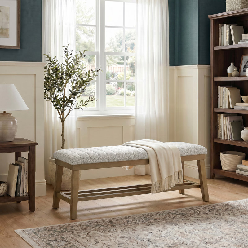 Modern Upholstered Storage Bench Solid Wood Entryway Shoe Bench, Beige Striped