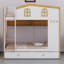 Lit superposé en forme de maison avec barrières de sécurité, tablettes de rangement et lit gigogne