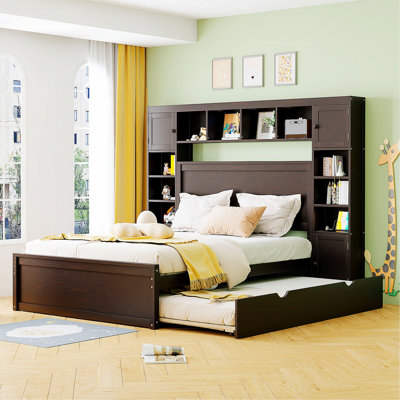 Lit élégant pour appartement, chambre d'amis, lit plateforme en bois avec armoire tout-en-un, tablette et prises