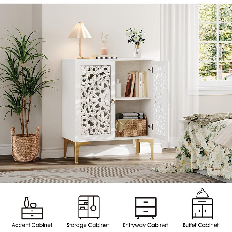 Buffet décoratif avec pieds dorés et tablette réglable - blanc