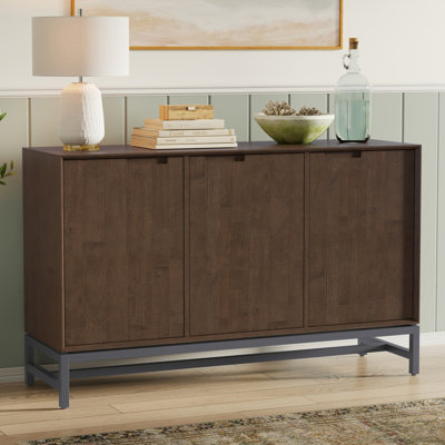 Banting 58"W Solid Wood Modern Industrial 3-Door Sideboard Buffet with Adjustable Shelves and Metal Base