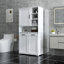 Armoire de buanderie avec portes et tablette, panier à linge inclinable, plusieurs espaces de rangement, style autoportant, tablette ouverte, tablette réglable, blanc