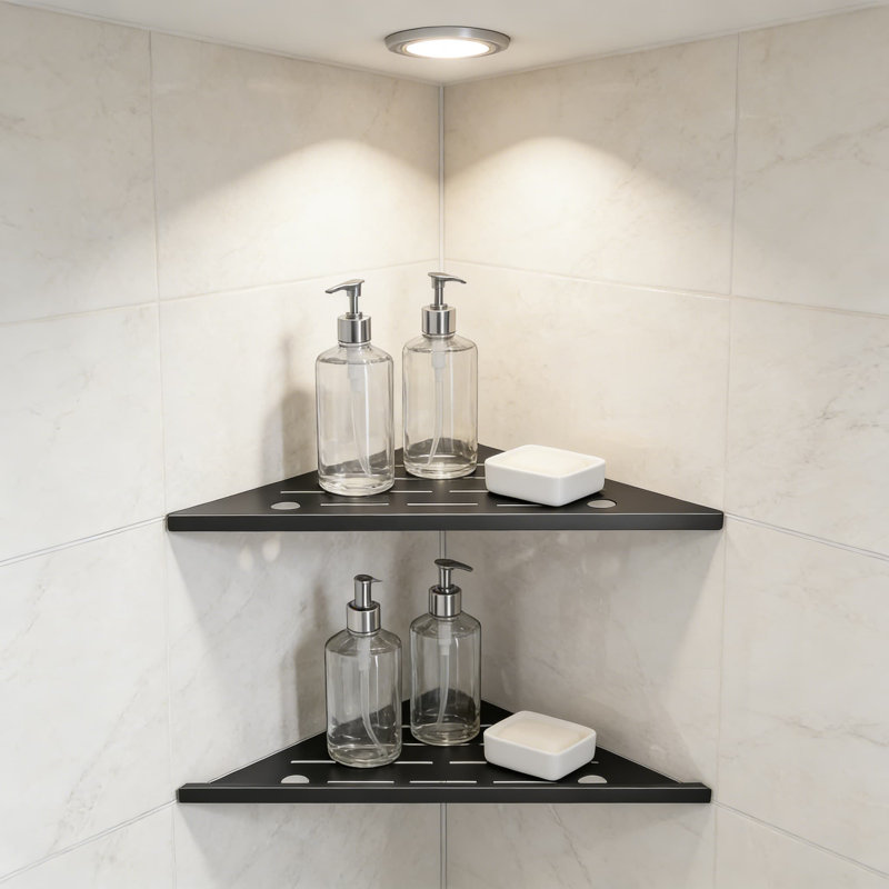 Organisateur de tablette de coin sans perceuse, panier de douche en acier inoxydable avec support de rasoir, tablette de rangement élégante pour shampooing et produits essentiels, paquet de 2