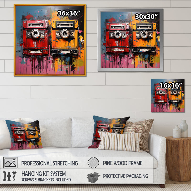 Caméra colorée colorée Insta Gram II - cassettes d'art mural, Cadre flottant doré, H 16 po x l 16 po x P 1 po