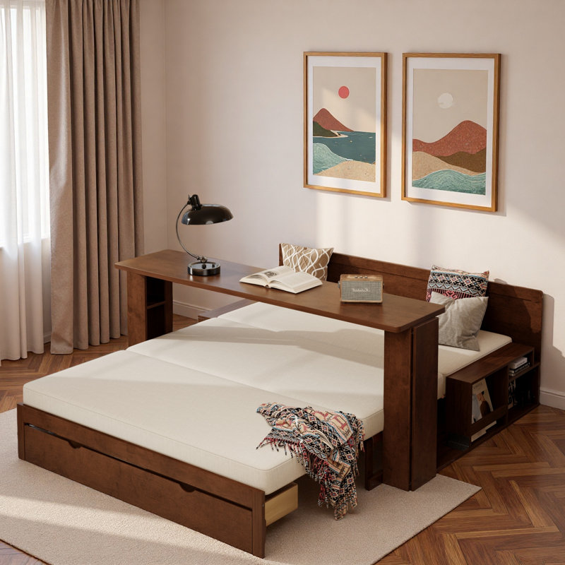 Multifunctional Daybed With Storage Drawer, Open Compartments And Hydraulic Side Table, Queen, Espresso