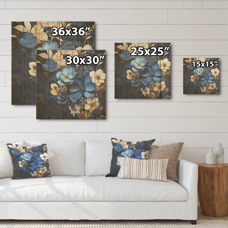 Adhésif bleu et violet doré - Violettes, art mural sur bois de pin naturel, H 15 po x l 15 po