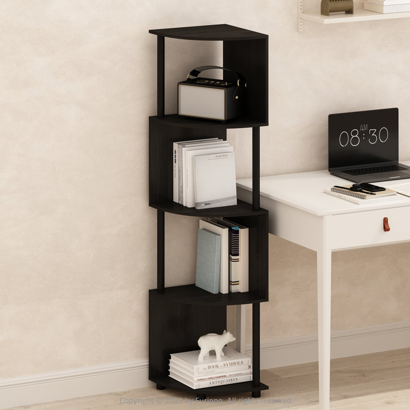 Olmeda Book Shelf, 4-Tier Bookshelf, Bookcase with Zigzag Corner Shelf, 14.2 x 14.2 x 57.7, for Living Room, Bedroom, Home Office, Espresso/Black