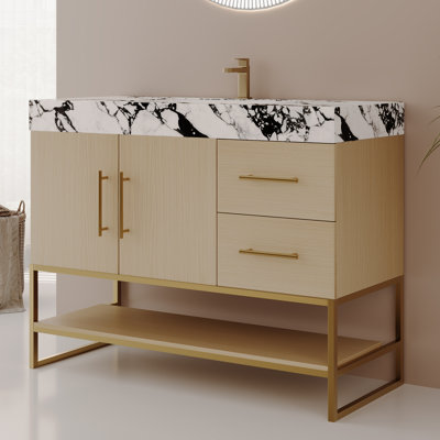 Meuble-lavabo autoportant moderne 36 po avec lavabo en céramique sans couture et plateau en pierre frittée