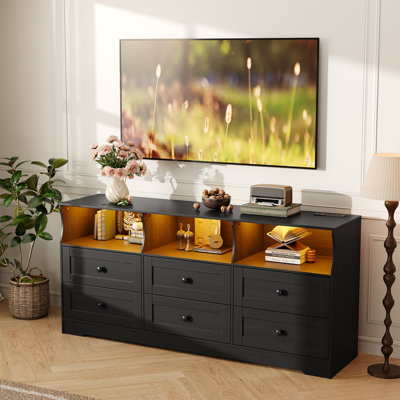 Commode 6 tiroirs pour chambre à coucher, commode en bois mince avec prises de courant, lumière DEL et tablette ouverte