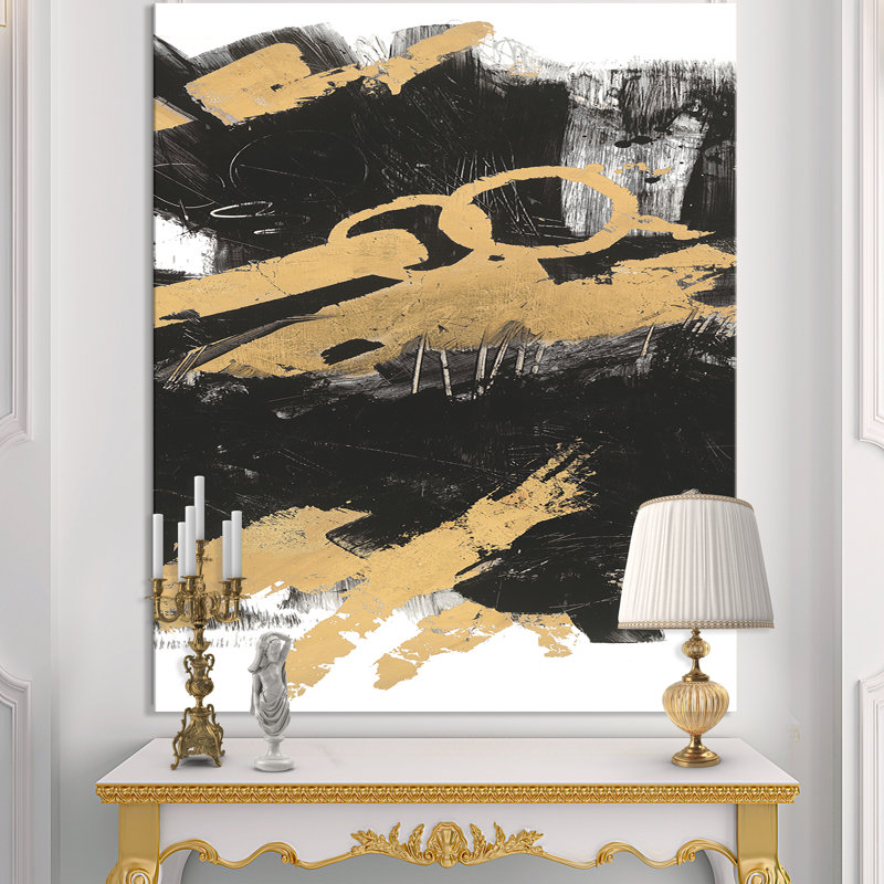 Peinture abstraite sur toile dorée - Dérive dorée et noire IV, H 40 po x l 30 po x 1,5 po