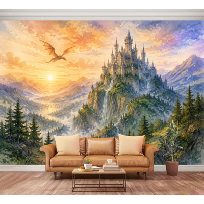 Wall Mural Peel and Stick Wallpaper Fantasy Castle Mountain Waterfalls Dragon Self-Adhesive Removable Contact Paper Wall Decor for Living Room Bedroom 100"H x 144"W