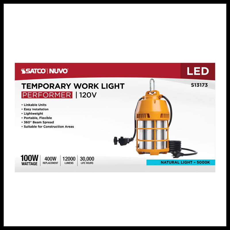 LED Temporary Work Light 5000K CCT 120 Volt, 9.74" H x 5.43" W x 5.43" D