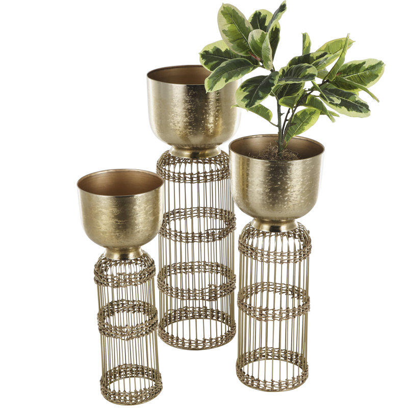 Ferrier 3 Piece Metal Textured Dome Indoor Planter with Woven Seagrass and Caged Rod Pedestal Base Set, Gold