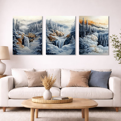Winter Waterfall Forest Trail - Blue Waterfall, ensemble de 3 reproductions sur toile encadrées