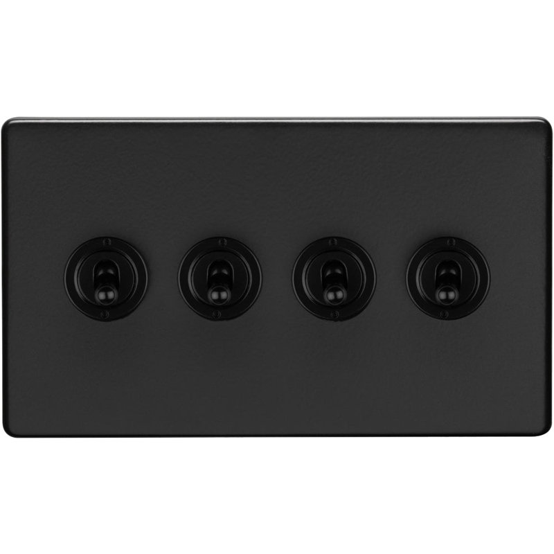 4 Gang Quad Retro Toggle Light Switch SCREWLESS MATT BLACK 10A 2 Way Lever, Black, Matte Black