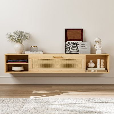  Floating Tv Stand For 75 Inch Tv, Mid Century Modern Center Tv Stand With Rattan Door, Wall Mounted Tv Cabinet For Living Room, Wood