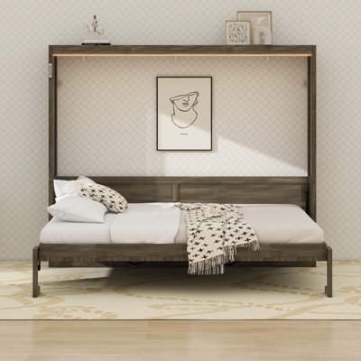 Horizontal Murphy Bed With LED Light, Foldable Murphy Cabinet Bed With Lights