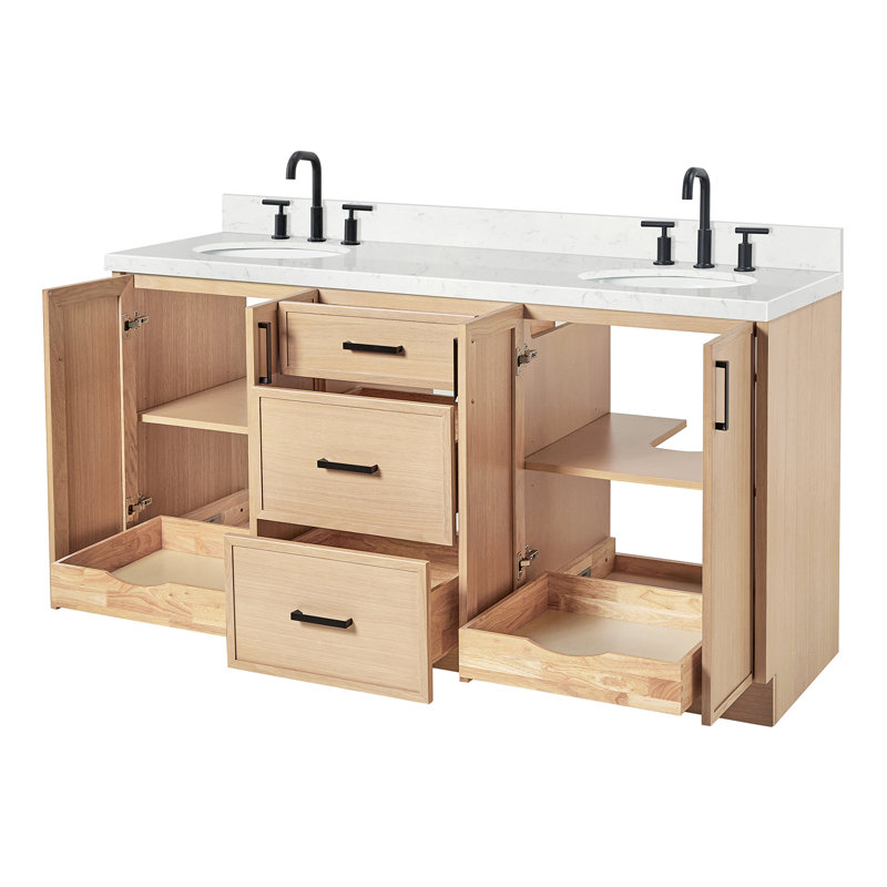Ensemble de meuble-lavabo double ovale avec comptoir en quartz blanc Carrara de 66 po Ariel Kellie, Chêne