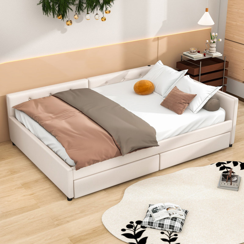Linen Upholstered Daybed with USB Ports and Dual Storage Drawers, Full/Double