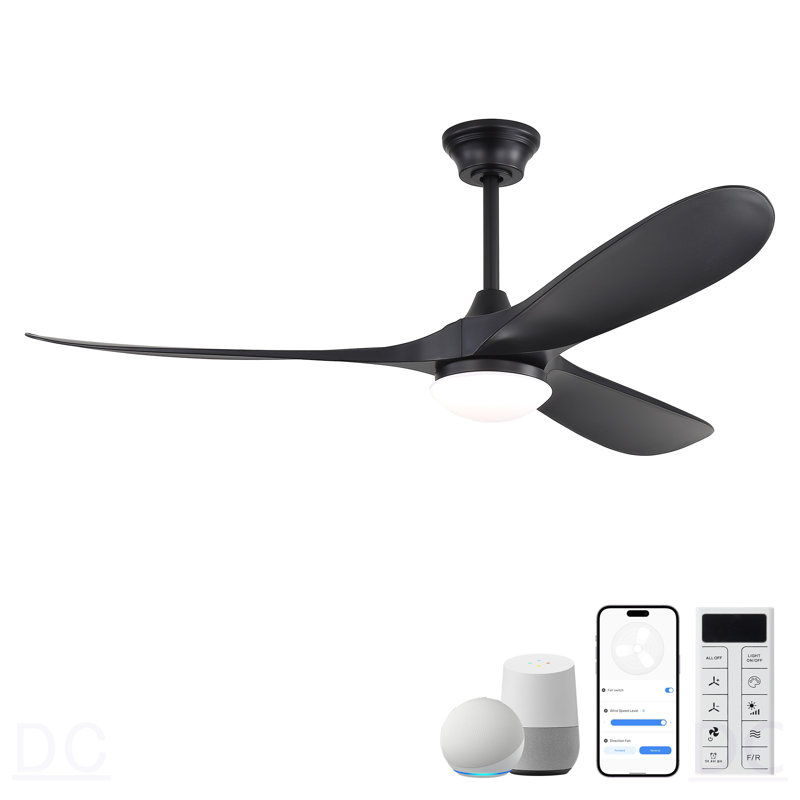 Ventilateur de plafond intelligent de 60 pouces avec 2 lumières, 2 pales en ABS, moteur à courant continu réversible pour ferme de chambre à coucher