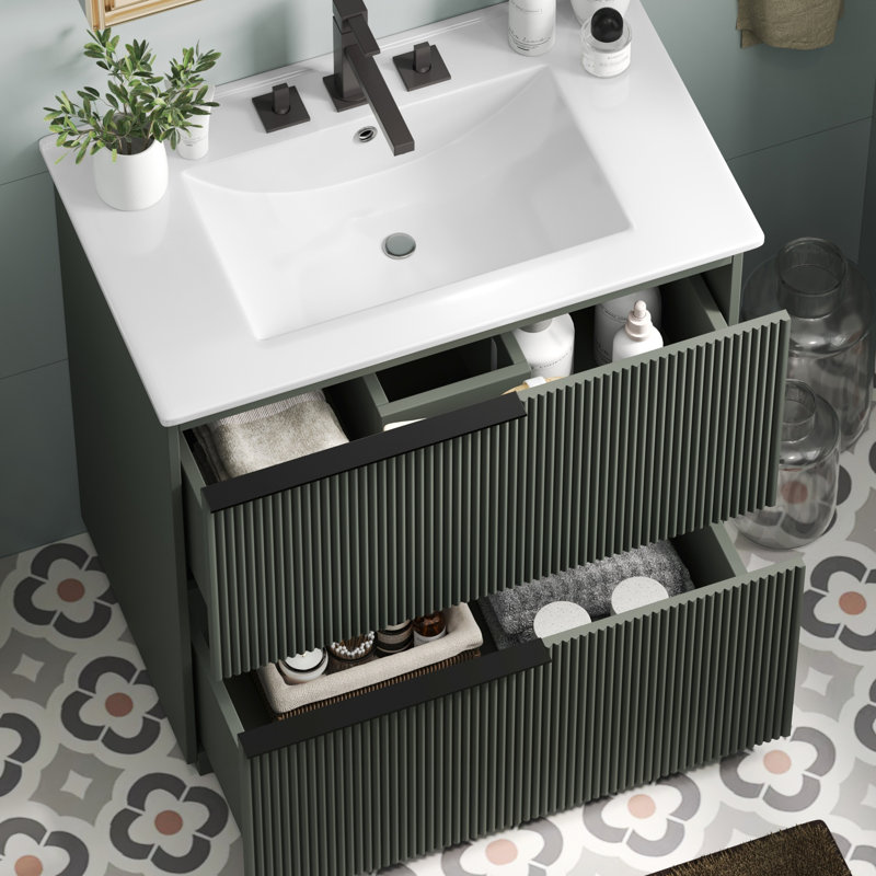 Meuble-lavabo de 30 po en couleur, avec lavabo en céramique, glissières de tiroir à fermeture en douceur et conception cannelée pour une esthétique améliorée.